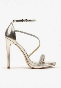 Złote Eleganckie Szpilki Sandały Zdobione Cyrkoniami Ninitila