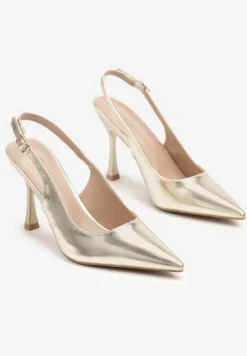 Złote Eleganckie Szpilki ze Szpiczastym Noskiem i Odkrytą Piętą Nussoria