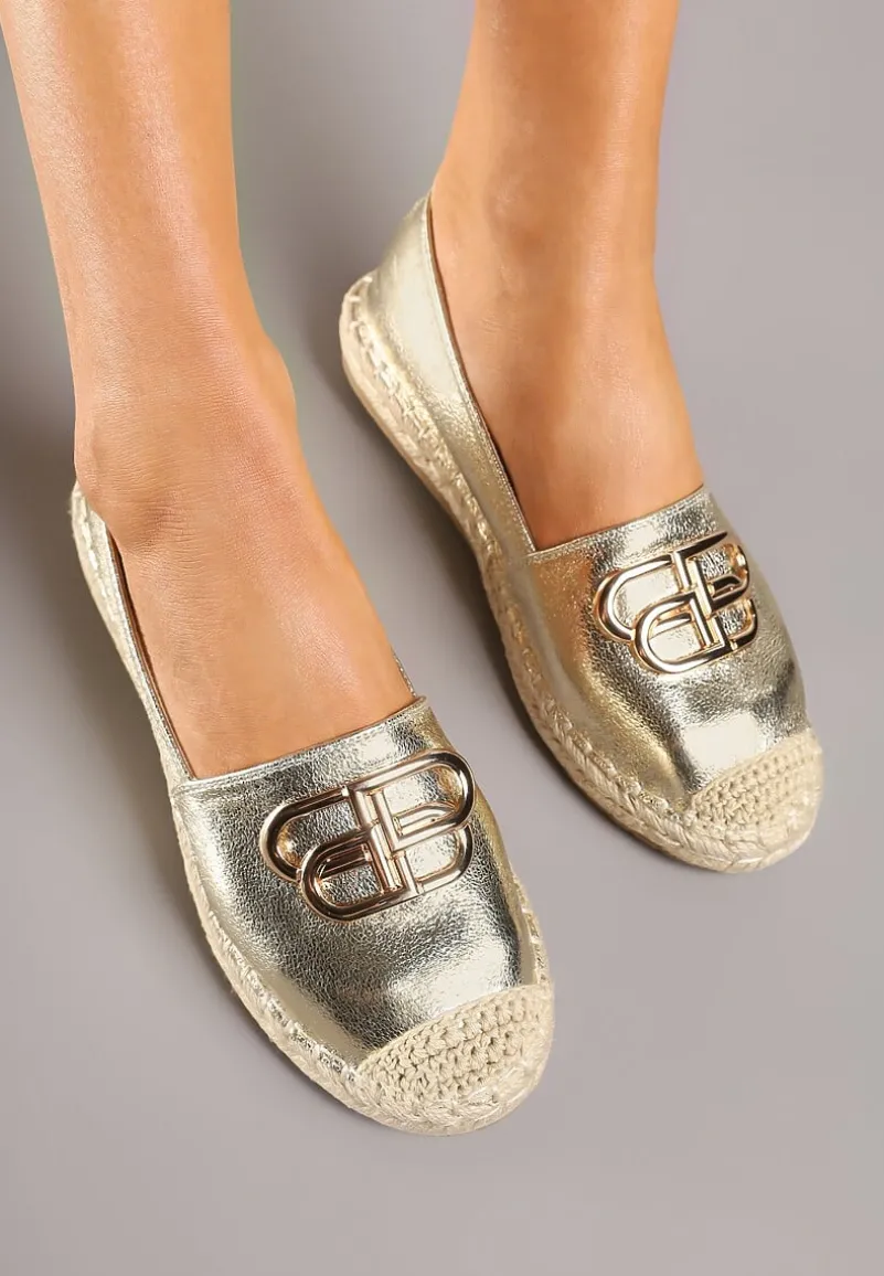 Złote Espadryle na Podeszwie z Plecionki ze Skórzaną Wkładką i Aplikacją Sonorila