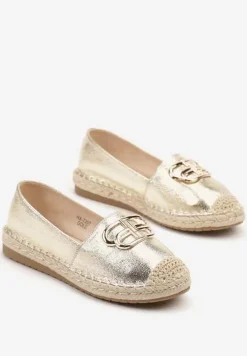 Złote Espadryle na Podeszwie z Plecionki ze Skórzaną Wkładką i Aplikacją Sonorila