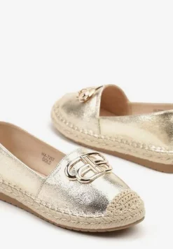 Złote Espadryle na Podeszwie z Plecionki ze Skórzaną Wkładką i Aplikacją Sonorila