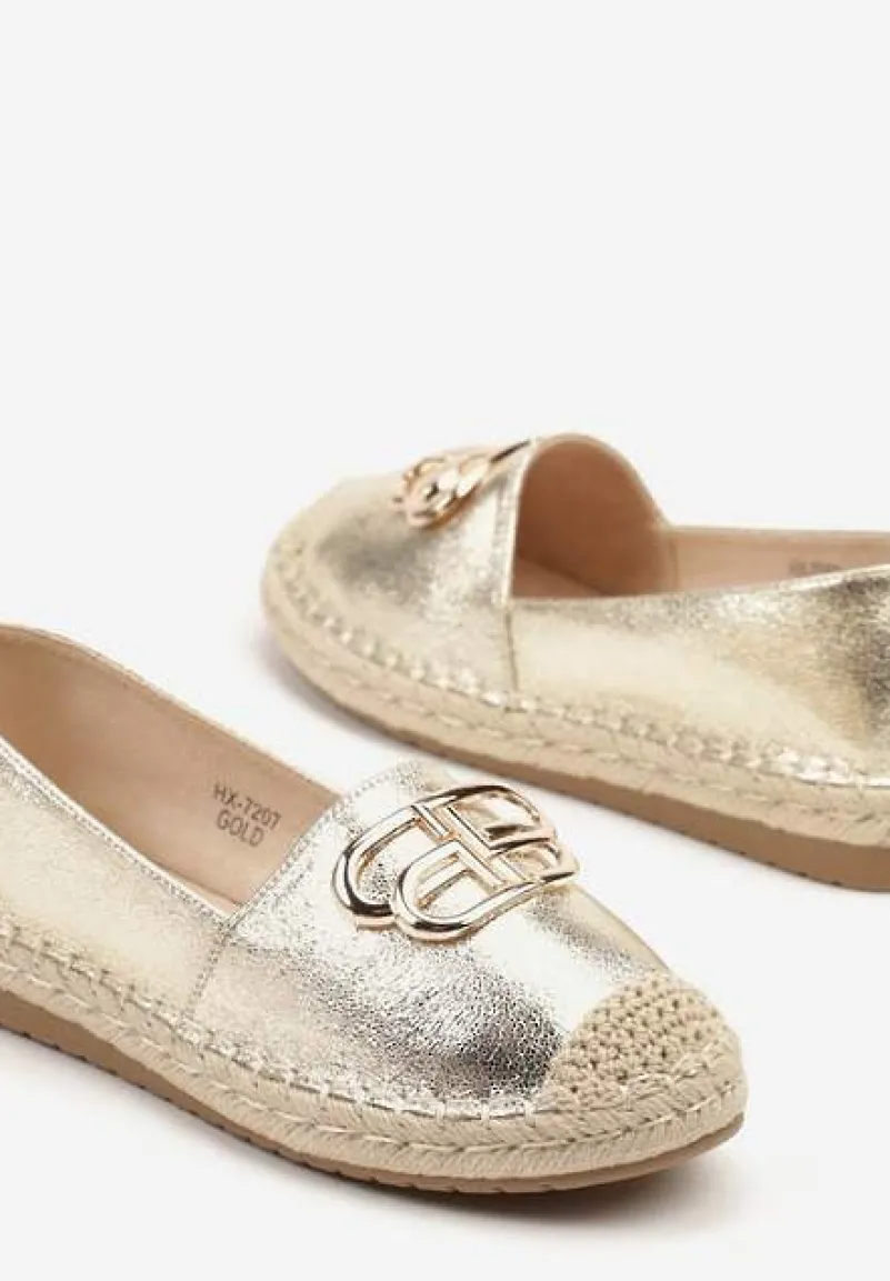 Złote Espadryle na Podeszwie z Plecionki ze Skórzaną Wkładką i Aplikacją Sonorila