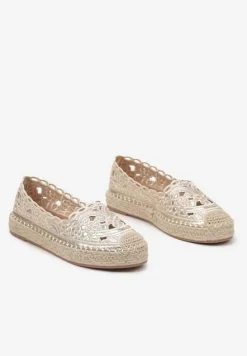 Złote Espadryle na Podeszwie z Plecionki Zdobione Ażurowym Wzorem Elnil