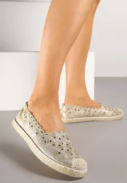 Złote Espadryle Vices z Ażurową Cholewką i Plecionym Sznurkiem Arivoni