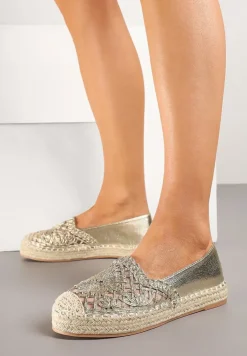 Złote Espadryle z Ozdobną Plecionką i Ażurową Cholewką Rivwia
