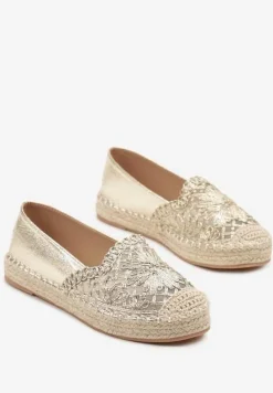 Złote Espadryle z Ozdobną Plecionką i Ażurową Cholewką Rivwia