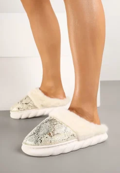 Złote Kapcie Vices na Piankowej Podeszwie Zdobione Futrem Eleadraea