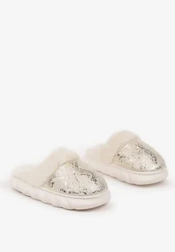 Złote Kapcie Vices na Piankowej Podeszwie Zdobione Futrem Eleadraea