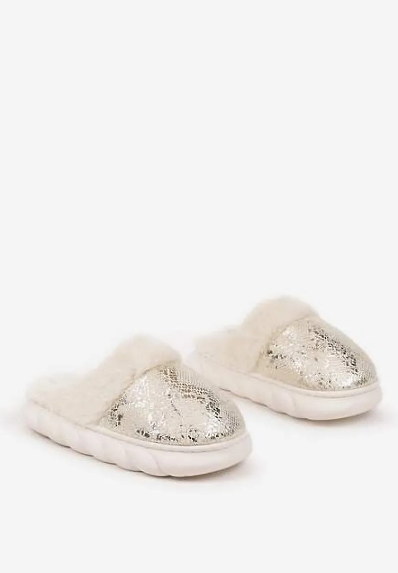 Złote Kapcie Vices na Piankowej Podeszwie Zdobione Futrem Eleadraea