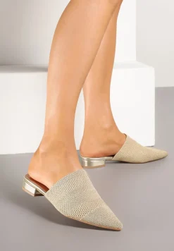 Złote Klapki na Płaskiej Podeszwie z Plecionką Tandeora