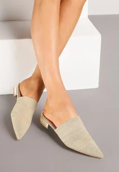 Złote Klapki na Płaskiej Podeszwie z Plecionką Tandeora