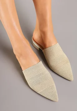 Złote Klapki na Płaskiej Podeszwie z Plecionką Tandeora