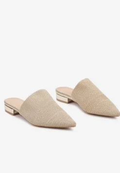 Złote Klapki na Płaskiej Podeszwie z Plecionką Tandeora