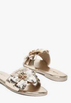 Złote Klapki z Ekozamszu na Płaskiej Podeszwie z Ozdobnym Kwiatem Ellesara