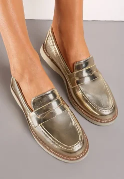 Złote Klasyczne Mokasyny Ozdobione Wstawką i Przeszyciem Berdafa