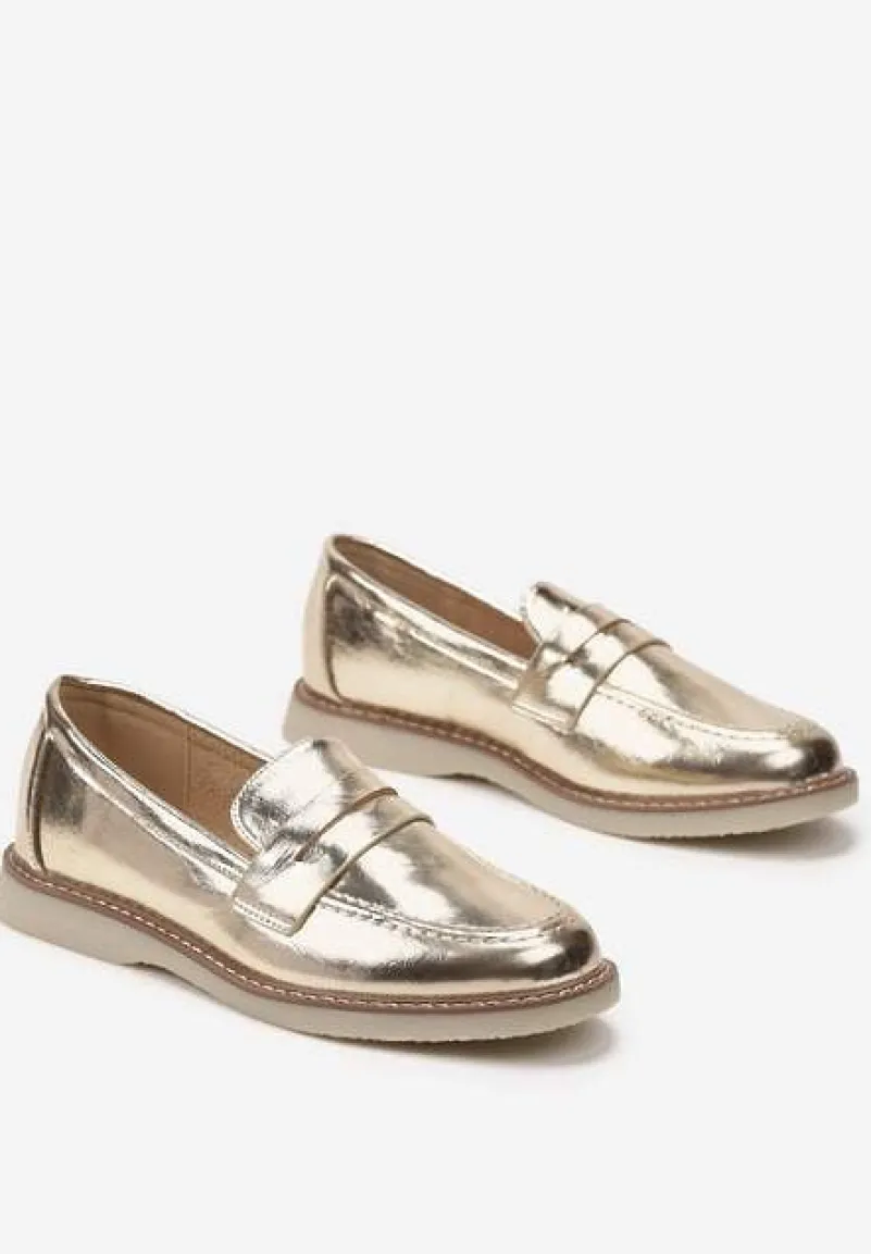 Złote Klasyczne Mokasyny Ozdobione Wstawką i Przeszyciem Berdafa