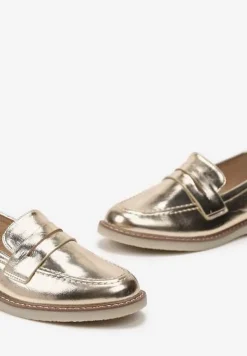Złote Klasyczne Mokasyny Ozdobione Wstawką i Przeszyciem Berdafa