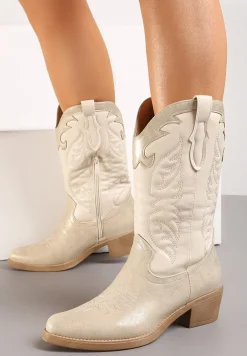 Złote Kowbojki Botki do Połowy Łydki z Ozdobnymi Przeszyciami na Niskim Słupku Indriel