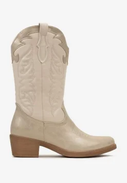 Złote Kowbojki Botki do Połowy Łydki z Ozdobnymi Przeszyciami na Niskim Słupku Indriel