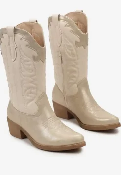 Złote Kowbojki Botki do Połowy Łydki z Ozdobnymi Przeszyciami na Niskim Słupku Indriel