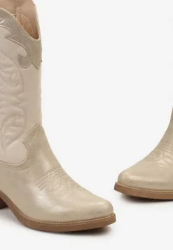 Złote Kowbojki Botki do Połowy Łydki z Ozdobnymi Przeszyciami na Niskim Słupku Indriel