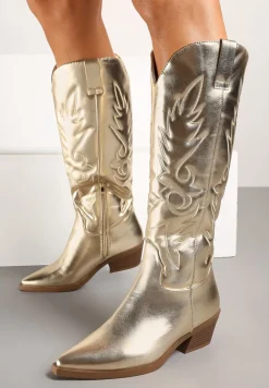 Złote Kozaki Kowbojki na Słupku z Ozdobnym Tłoczeniem Tamidra