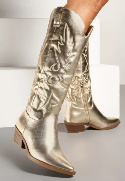 Złote Kozaki Kowbojki na Słupku z Ozdobnym Tłoczeniem Tamidra