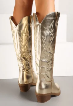 Złote Kozaki Kowbojki na Słupku z Ozdobnym Tłoczeniem Tamidra