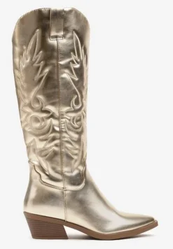 Złote Kozaki Kowbojki na Słupku z Ozdobnym Tłoczeniem Tamidra