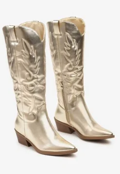 Złote Kozaki Kowbojki na Słupku z Ozdobnym Tłoczeniem Tamidra