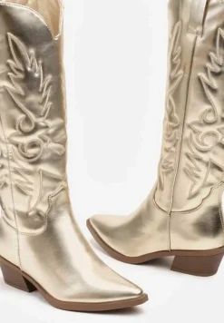 Złote Kozaki Kowbojki na Słupku z Ozdobnym Tłoczeniem Tamidra