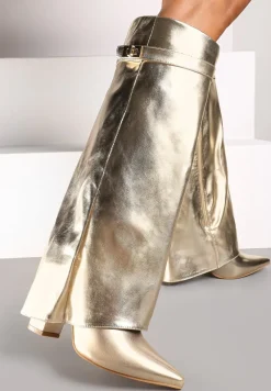 Złote Kozaki na Obcasie z Modnie Wywiniętą Cholewką Nartani