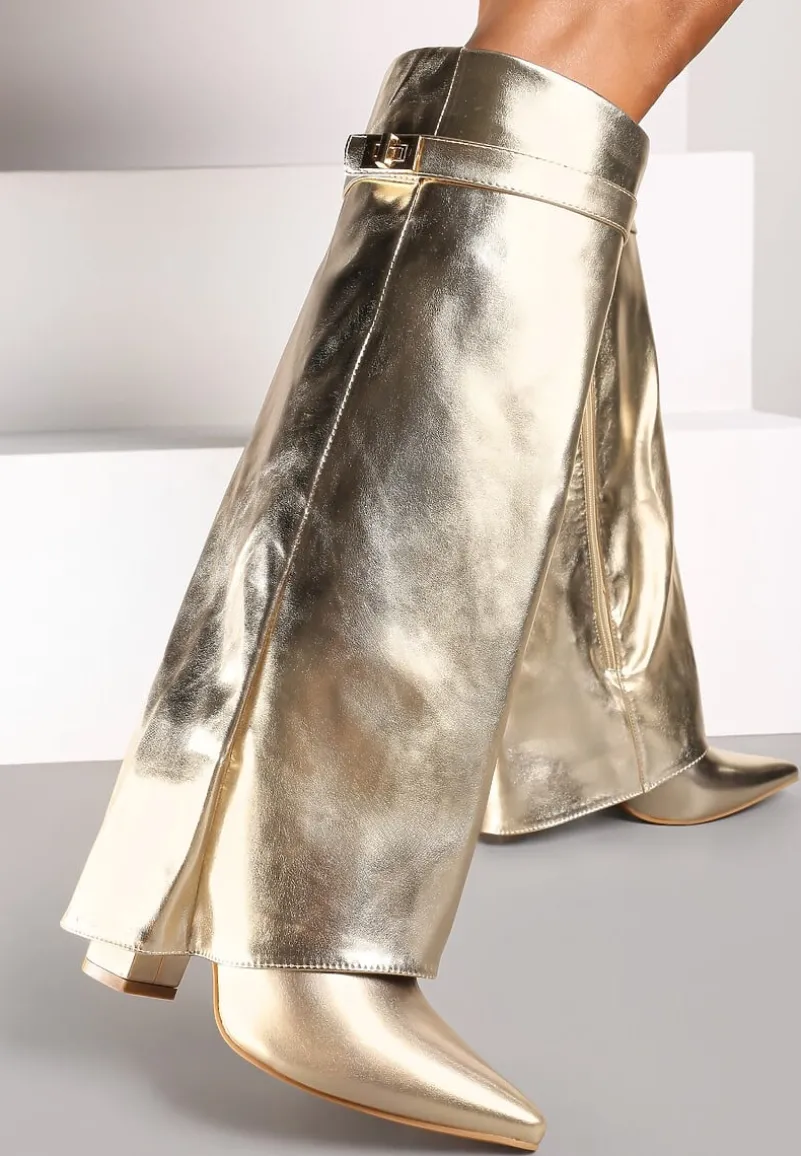 Złote Kozaki na Obcasie z Modnie Wywiniętą Cholewką Nartani