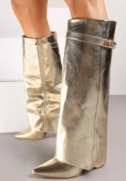 Złote Kozaki na Obcasie z Modnie Wywiniętą Cholewką Nartani