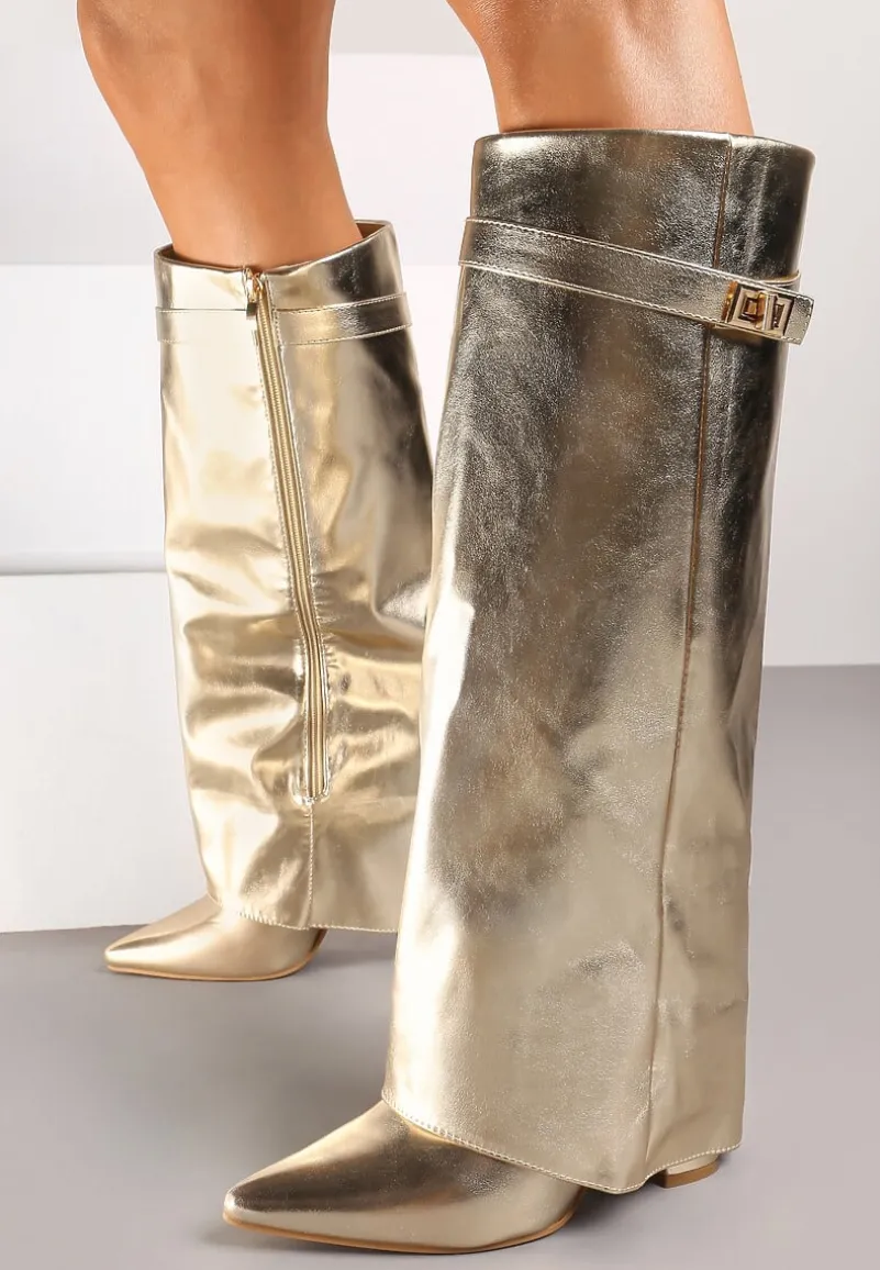 Złote Kozaki na Obcasie z Modnie Wywiniętą Cholewką Nartani