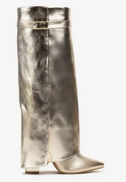 Złote Kozaki na Obcasie z Modnie Wywiniętą Cholewką Nartani