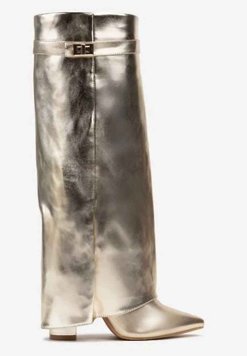 Złote Kozaki na Obcasie z Modnie Wywiniętą Cholewką Nartani