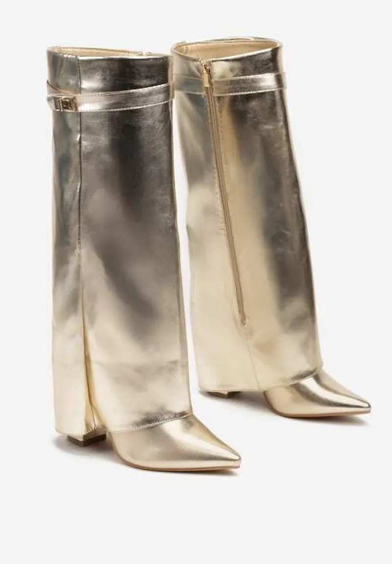 Złote Kozaki na Obcasie z Modnie Wywiniętą Cholewką Nartani