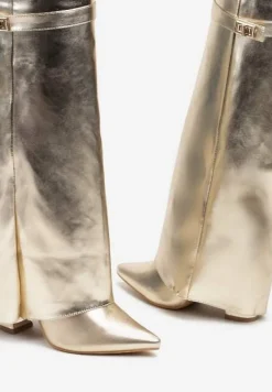Złote Kozaki na Obcasie z Modnie Wywiniętą Cholewką Nartani