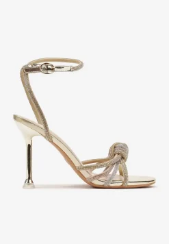 Złote Lakierowane Sandały Vices na Szpilce z Cyrkoniami na Paskach Vanarila
