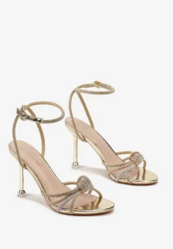 Złote Lakierowane Sandały Vices na Szpilce z Cyrkoniami na Paskach Vanarila