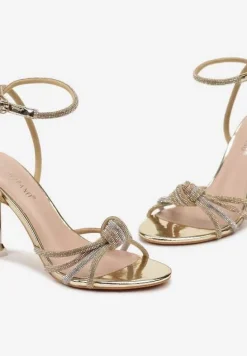 Złote Lakierowane Sandały Vices na Szpilce z Cyrkoniami na Paskach Vanarila
