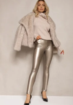 Złote Legginsy z Imitacji Skóry High Waist Noriel