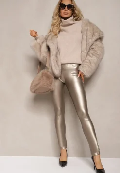 Złote Legginsy z Imitacji Skóry High Waist Noriel