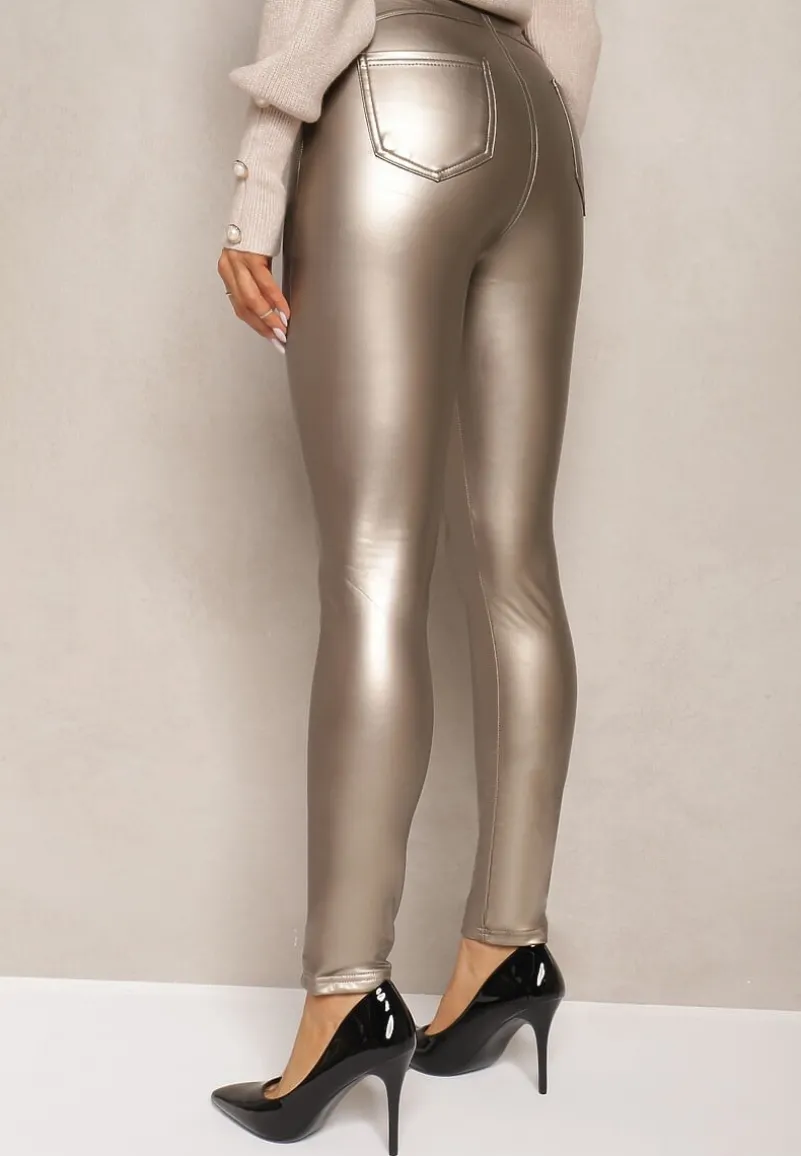 Złote Legginsy z Imitacji Skóry High Waist Noriel