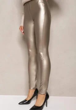 Złote Legginsy z Imitacji Skóry High Waist Noriel