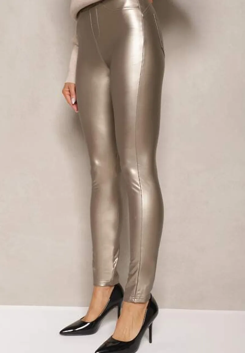 Złote Legginsy z Imitacji Skóry High Waist Noriel