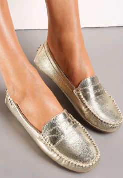 Złote Metaliczne Mokasyny na Płaskiej Podeszwie Morel