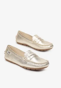 Złote Metaliczne Mokasyny na Płaskiej Podeszwie Morel