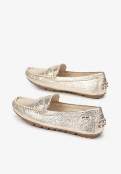 Złote Metaliczne Mokasyny na Płaskiej Podeszwie Morel